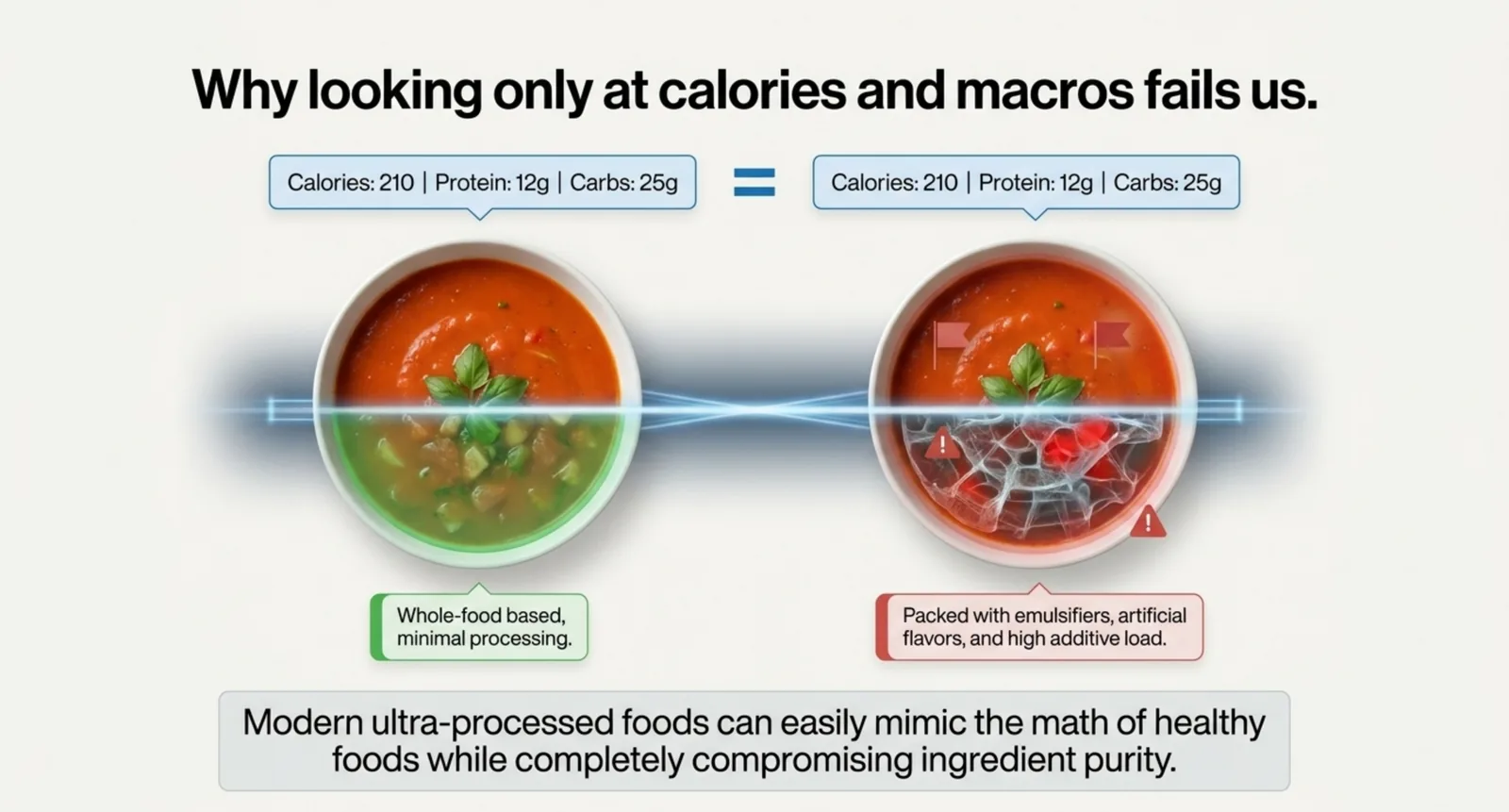 Infographic titled Why looking only at calories and macros fails us. Two tomato soups show identical calories, protein, and carbs, but a scan reveals the left is whole-food based with minimal processing while the right is packed with emulsifiers, artificial flavors, and a high additive load.