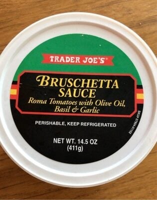 Trader Joe's Bruschetta Sauce Roma Tomatoes With Olive Oil, Basil & Garlic packaging