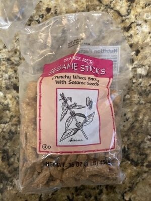 Trader Joe's Sesame Sticks Crunchy Wheat Snacks With Sesame Seeds packaging