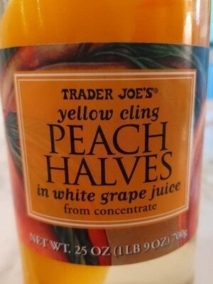 Trader Joe's Yellow Cling Peach Halves In White Grape Juice From Concentrate package