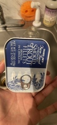 Trader Joe's Farm Raised Hardwood Smoked Trout Fillets Skinless In Canola Oil packaging