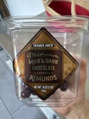Trader Joe's Premium Milk & Dark Chocolate Covered Almonds packaging