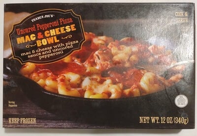 Trader Joe's Uncured Pepperoni Pizza Mac & Cheese Bowl packaging
