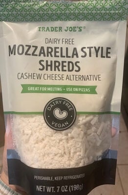 Trader Joe's Mozzarella Style Shreds Cashew Cheese Alternative packaging