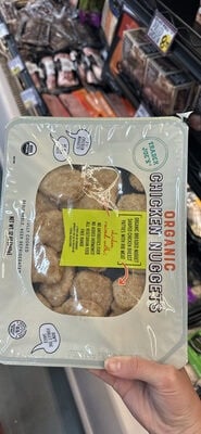 Trader Joe's Organic Breaded Nugget Shaped Chicken Breast Patties With Rib Meat packaging