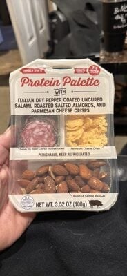 Trader Joe's Protein Palette With Italian Dry Pepper Coated Uncured Salami, Roasted Salted Almonds, And Parmesan Cheese Crisps packaging