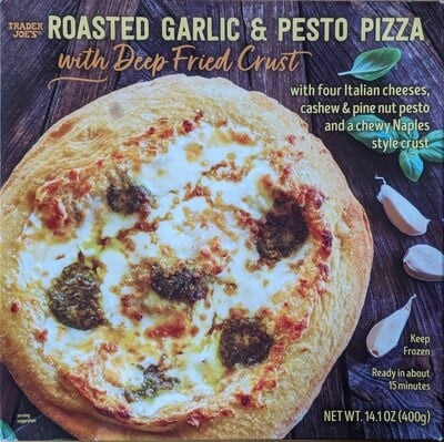 Trader Joe's Roasted Garlic & Pesto Pizza With Deep Fried Crust packaging