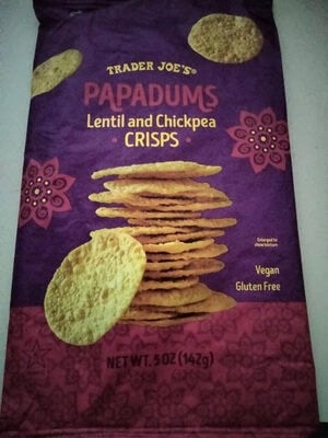Trader Joe's Papadums Lentil And Chickpea Crisps packaging