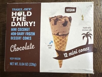 Trader Joe's Hold The Dairy! Non-Dairy Frozen Dessert Cones Chocolate packaging