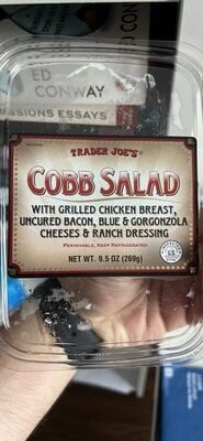 Trader Joe's Cobb Salad With Grilled Chicken Breast, Uncured Bacon, Blue & Gorgonzola Cheeses & Ranch Dressing packaging