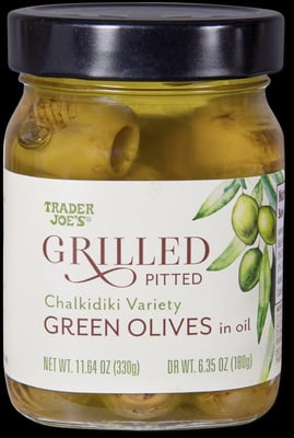 Trader Joe's Grilled Pitted Green Olives packaging