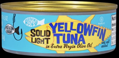 Trader Joe's Solid Light Yellowfin Tuna Iin Extra Virgin Olive Oil packaging
