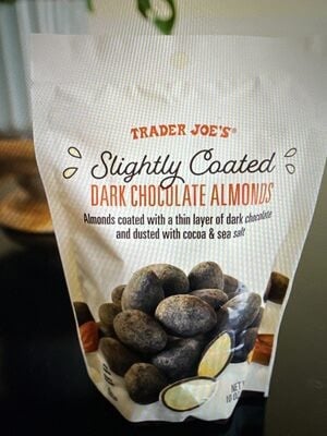 Trader Joe's Slightly Coated Dark Chocolate Almonds packaging
