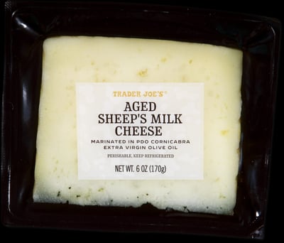 Trader Joe's Aged Sheep's Milk Cheese Marinated In Evoo packaging