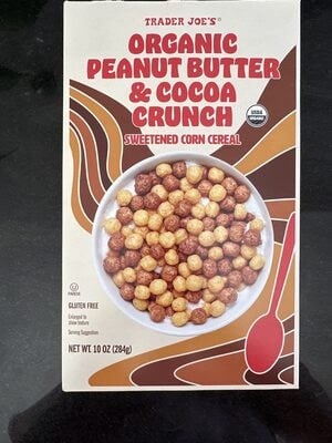 Trader Joe's Organic Peanut Butter & Cocoa Crunch Sweetened Corn Cereal packaging