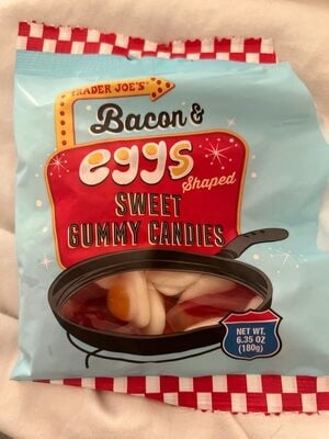 Trader Joe's Bacon & Eggs Shaped Sweet Gummy Candies packaging