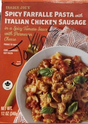 Trader Joe's Spicy Farfalle Pasta With Italian Chicken Sausage packaging