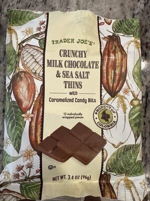 Trader Joe's Crunchy Milk Chocolate & Sea Salt Thins With Caramelized Candy Bits packaging