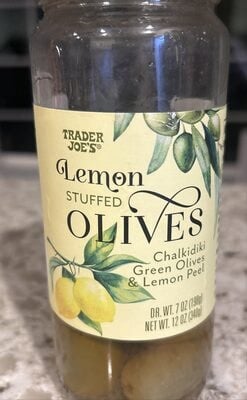 Trader Joe's Lemon Stuffed Chalkidiki Green Olives & Lemon Peel packaging