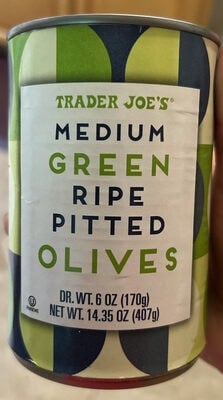 Trader Joe's Medium Green Ripe Pitted Olives packaging