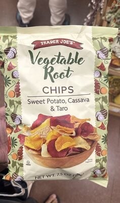 Trader Joe's Vegetable Root Chips Sweet Potato, Cassava & Taro packaging