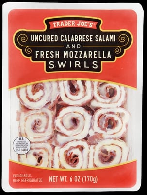 Trader Joe's Uncured Calabrese Salami And Fresh Mozzarella Swirls package
