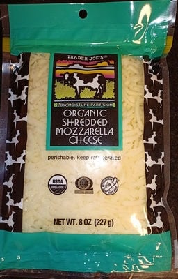Trader Joe's Shredded Organic Low-Moisture Part-Skim Mozzarella Cheese packaging