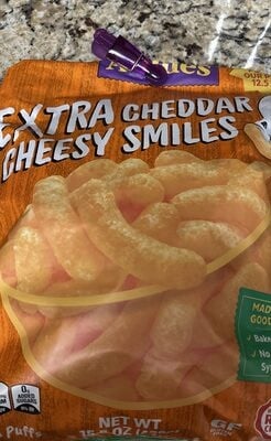 Annie's Organic Extra Cheesy Cheddar Smiles, Baked Puffed Corn package