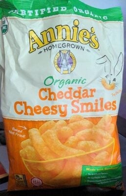 Annie's Organic Cheddar Cheesy Smiles, Baked Puffed Corn package
