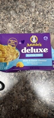 Annie's Gluten Free Deluxe Rich & Creamy Shells And Classic Cheddar Rice Pasta And Cheese Sauce packaging