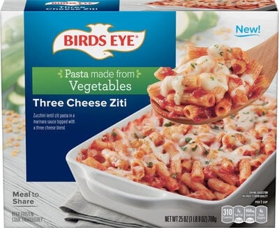 Birds Eye Zucchini Lentil Ziti Pasta In A Marinara Sauce Topped With A Three Cheese Blend packaging