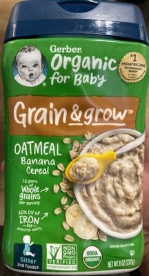 Gerber Organic For Baby Grain And Grow 2nd Foods Oatmeal Banana Cereal Canister packaging