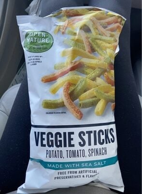 Open Nature Potato, Tomato, Spinach Veggie Sticks Made With Sea Salt packaging