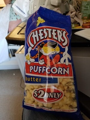 Chester's Puffcorn Butter Puffered Corn Snacks Plastic Bag packaging