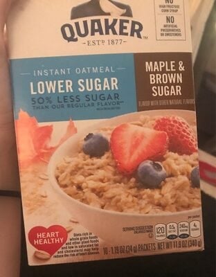 Quaker Maple & Brown Sugar Flavor 50% Less Sugar Instant Oatmeal packaging