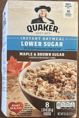 Quaker Instant Lower Sugar Maple Brown Sugar Oatmeal packaging