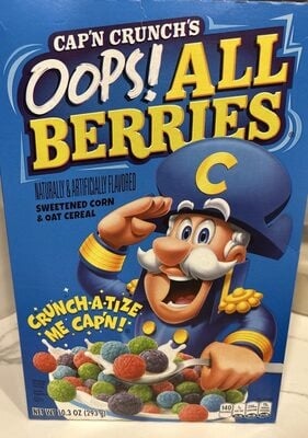 Cap'n Crunch's Oops! All Berries Flavored Sweetened Corn & Oat Cereal package