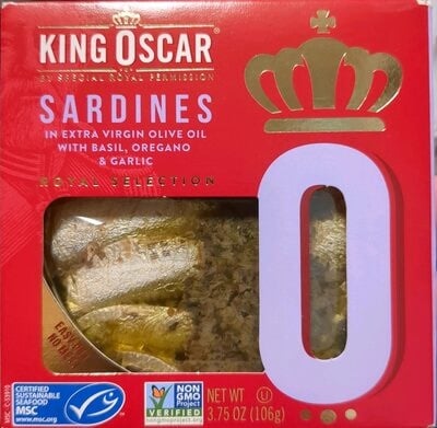 King Oscar Sardines In Extra Virgin Olive Oil With Basil, Oregano & Garlic package