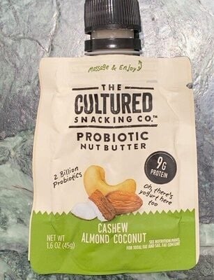 The Cultured Snacking Co. Cashew Almond Coconut Probiotic Nut Butter packaging
