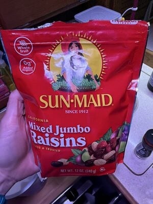 Sun-Maid California Mixed Jumbo Raisins Resealable Stand-Up packaging