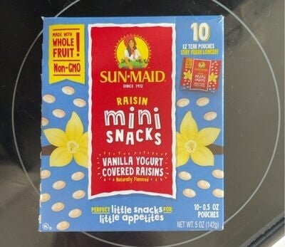 Sun-Maid Mini Snacks Vanilla Yogurt Covered Raisins 10-Ct Bx/.5oz Pch packaging