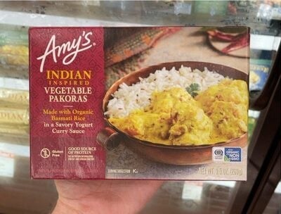 Amy's Vegetable Pakoras Made With Organic Basmati Rice In A Savory Yogurt Curry Sauce packaging