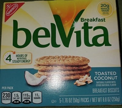 Belvita Toasted Coconut Crunchy Breakfast Biscuits packaging