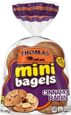 Thomas' Cinnamon Raisin Pre-Sliced Mini Bagels package