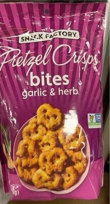 Snack Factory Pretzel Crisps Bites, Garlic & Herb Pretzels package