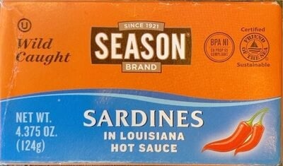 Season Brand Wild Caught Sardines In Louisiana Hot Sauce packaging
