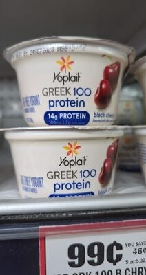 Yoplait Greek 100 Protein Black Cherry Fat Free Yogurt package