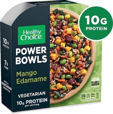 Healthy Choice Mango Edamame & Vegetables Served On Top Of Brown & Red Rice, Red Quinoa And Black Barley With A Red Wine Vinaigrette Topped With Dried Cherries & Sunflower Seeds Power Bowls packaging