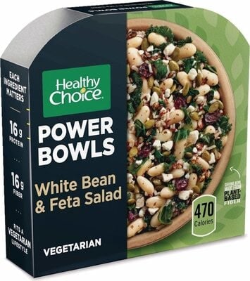 Healthy Choice White Bean & Feta Salad White Kidney Beans And Vegetables Served On Top Of Brown & Red Rice, Red Quinoa And Black Barley With A Red Wine Vinaigrette Topped With Feta Cheese, Dried Cranberries & Roasted Pepitas Power Bowls packaging