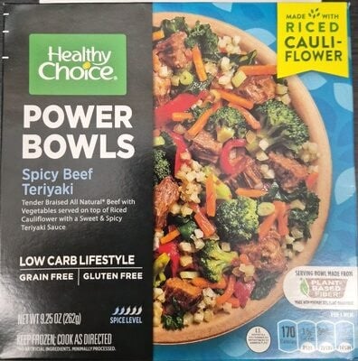Healthy Choice Spicy Beef Teriyaki Tender Braised Beef With Vegetables Served On Top Of Riced Cauliflower With A Sweet & Spicy Teriyaki Sauce Power Bowls packaging